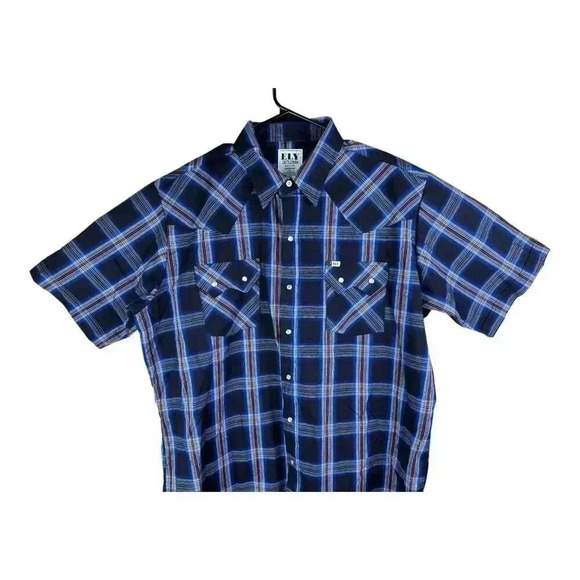 Ely Cattleman Red Blue Western Pearl Snap Plaid SHORT SLEEVE BUTTON UP SHIRT XL - Picture 2 of 10